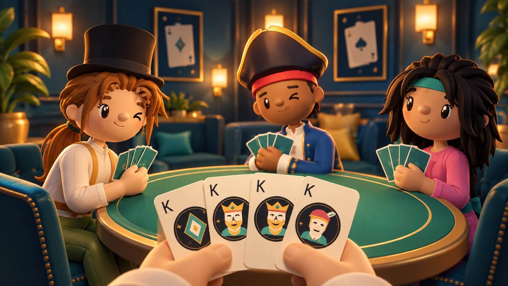 Ilustração promocional do Kapes: personagens trocam olhares ao redor de uma mesa de cartas