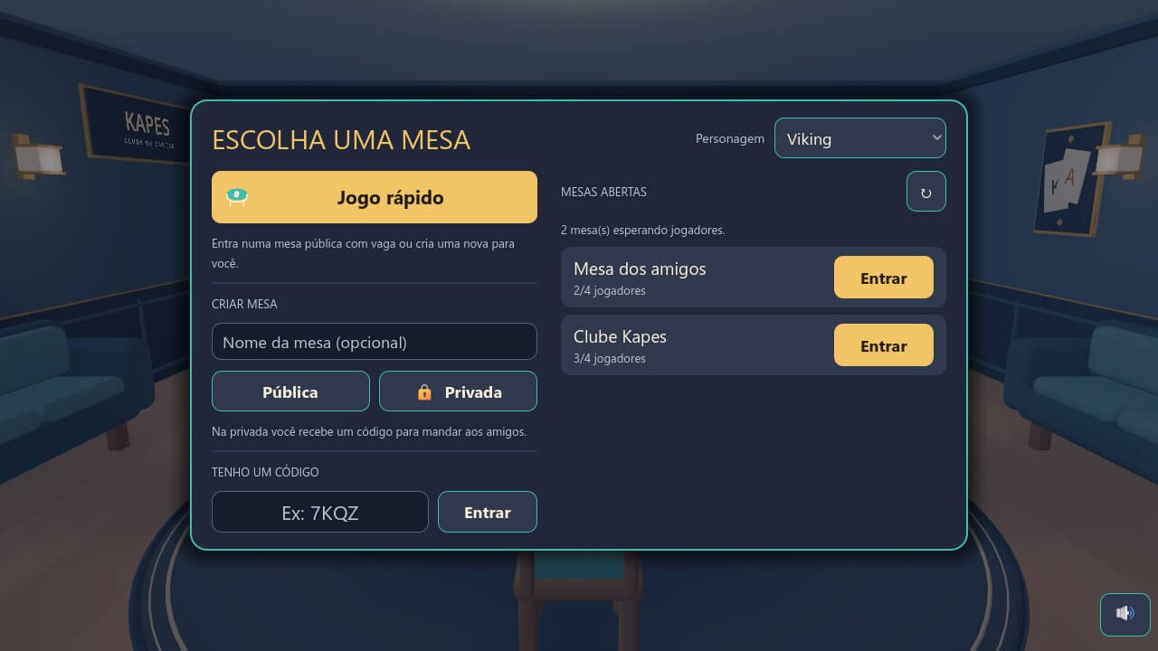 Tela de mesas do Kapes com Jogo rápido, criação de mesa e entrada por código